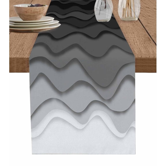 ERUNPONLY Black Ombre Stripes Table Runner - 72 Inch Long Modern Abstract Sea Waves Spray Art Cotton and Linen Blended Dress Scarves Farmhouse Table Runner for Kitchen Dining, Coffee Table, 16"x72"