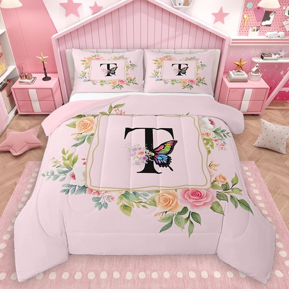 Homewish Butterfly Monogrammed T Bedding Comforter Set for Kids, Romantic Pink Initial Letter Twin Comforter Sets, Cartoon Theme Reversible Bedding Set, Lightweight Room Decor, 2pcs