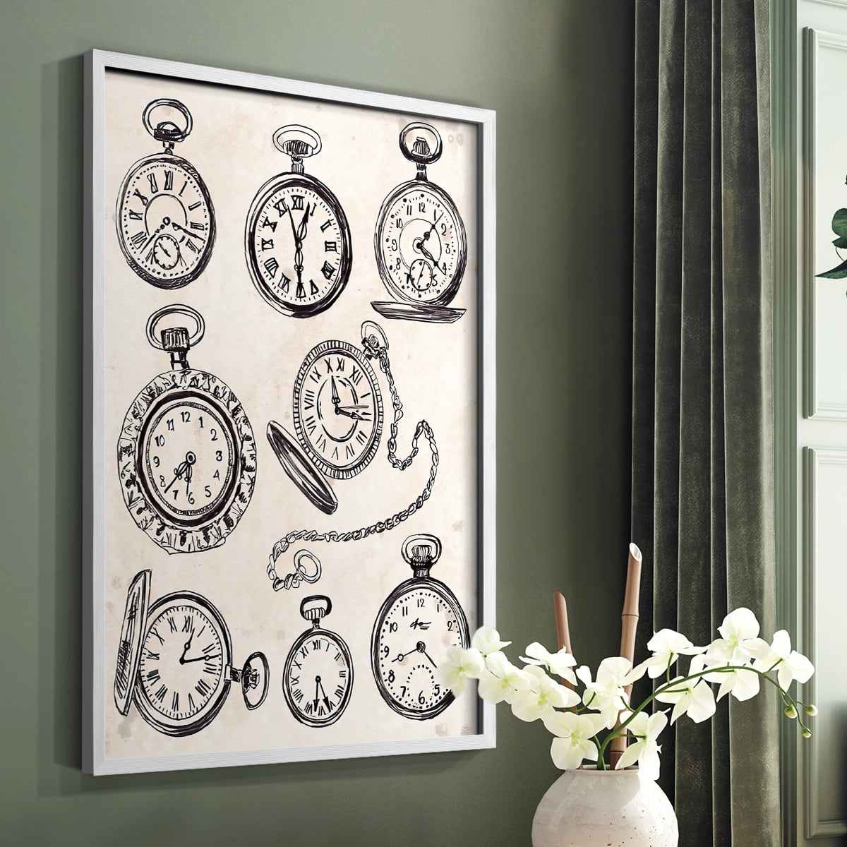 Pocket Watch Sketches I in White Solid Wood 8 x 10 Framed Print