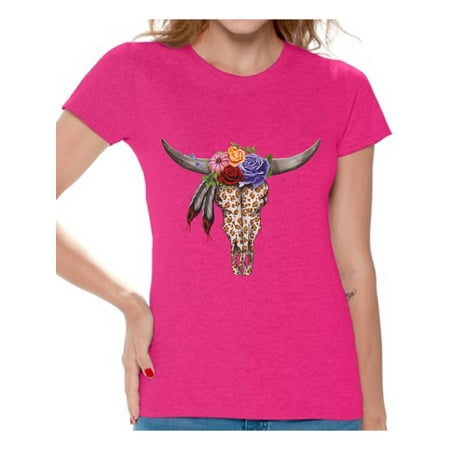 Awkward Styles Cow Skull Tshirt for Women Floral Cow Skull T Shirt Sugar Skull Shirt for Women Day of the Dead Outfit Dia de los Muertos Gifts for Her Floral Bull Skull Tshirt Bull Skull Flowers Shirt