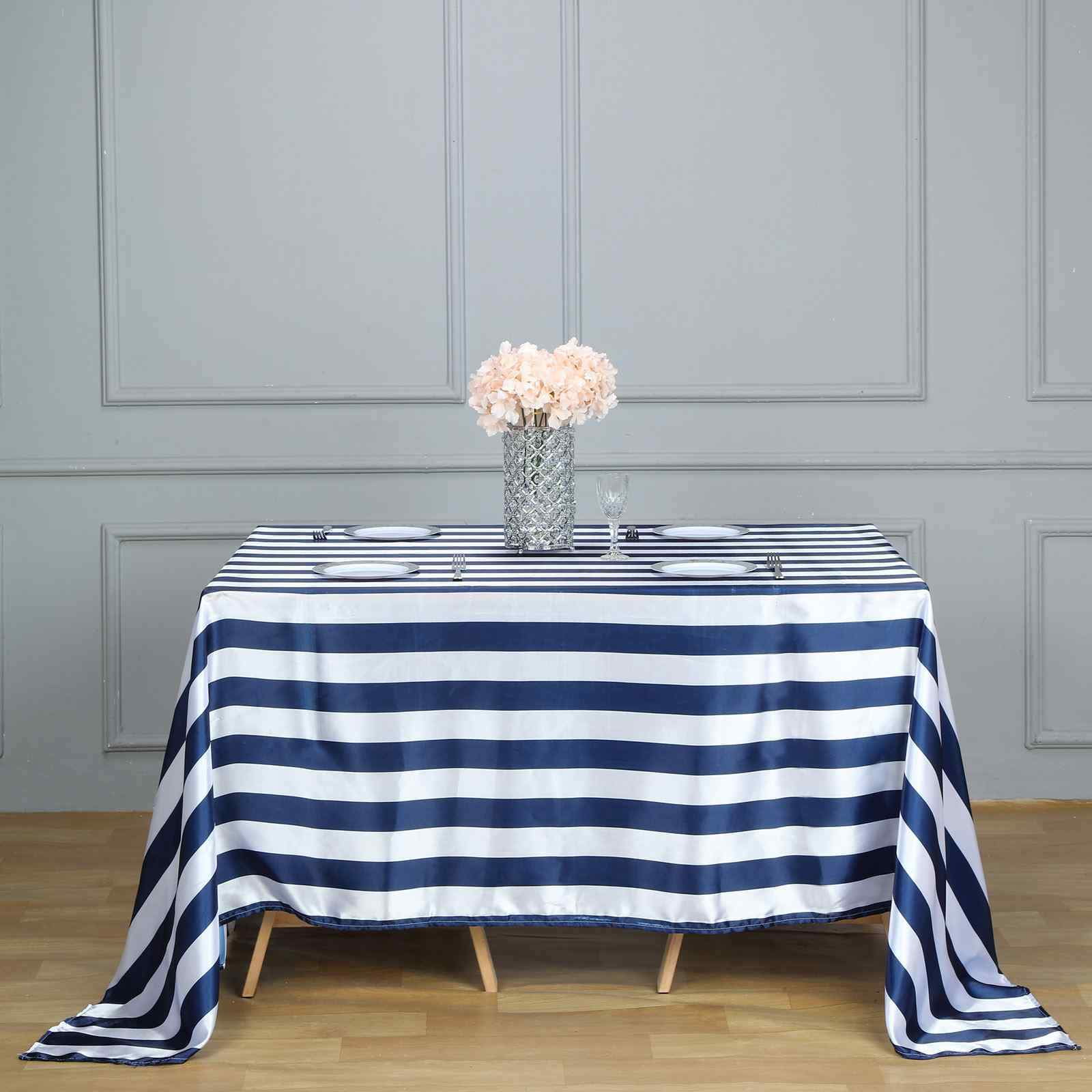 Efavormart 60"x102" Navy Blue & White Stripe Satin Rectangle Tablecloth