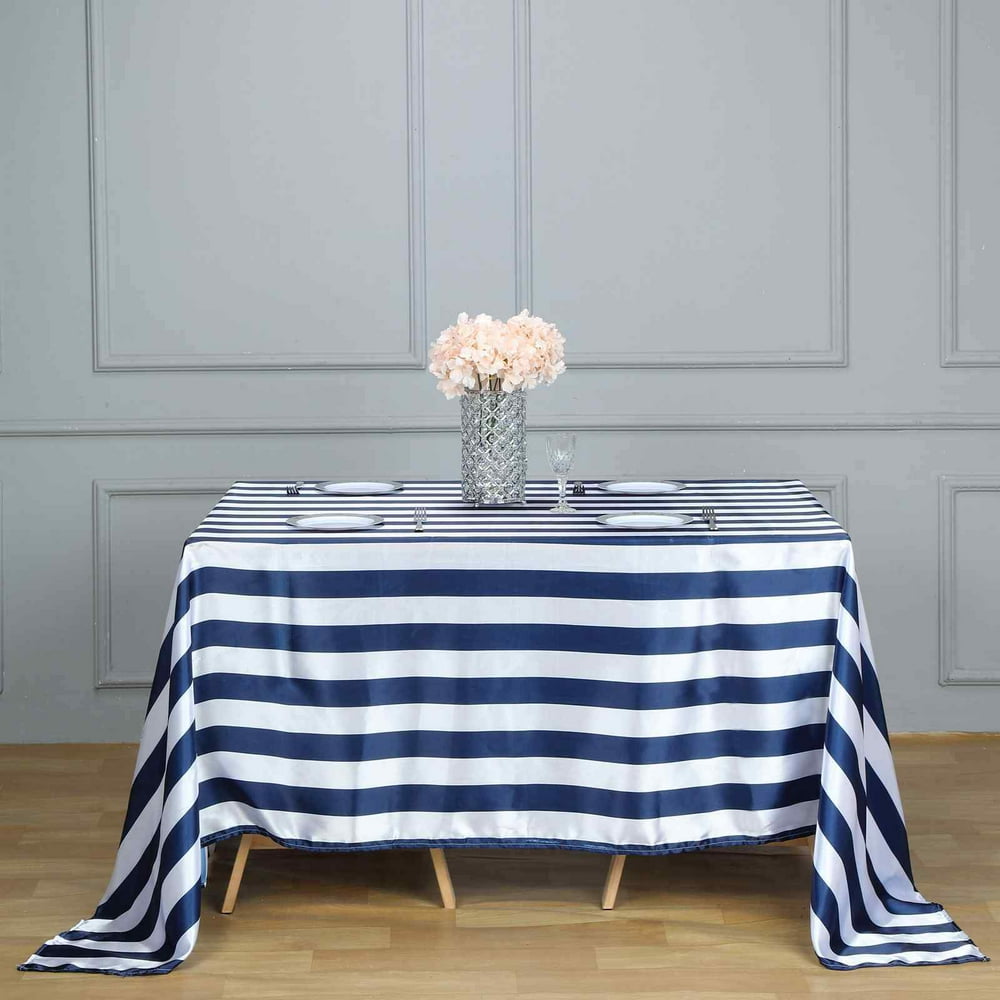 Efavormart 60"x102" Navy Blue & White Stripe Satin Rectangle Tablecloth