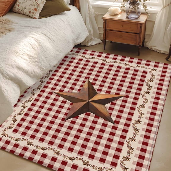 Area Rug for Living Room, Brown Western Texas Star Vintage Non-Slip Indoor Large Carpet for Bedroom/Dining Room, Rustic Farmhouse Red Plaid Washable Low-Profile Rectangle Floor Runner Rugs - 4 x 6 Ft