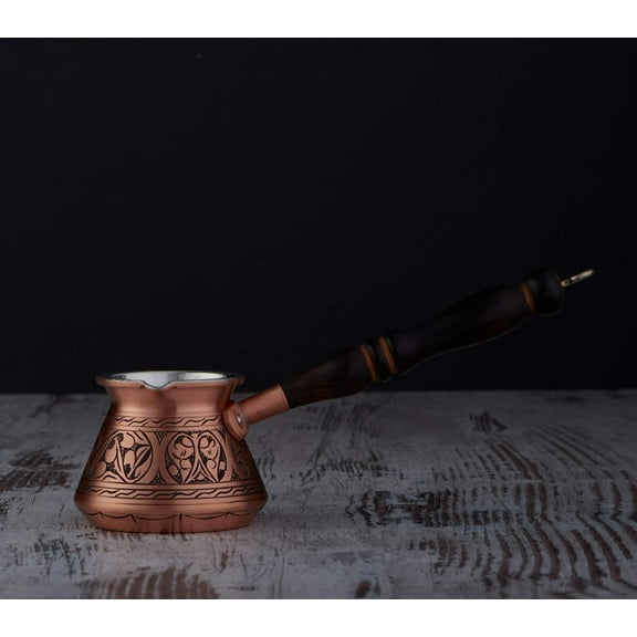 DEMMEX Thickest Copper Turkish Greek Arabic Coffee Pot, Stovetop Coffee Maker, Cezve Ibrik Briki with Wooden Handle & Wooden Spoon, Hand Engraved (Matte Copper, 15 fl Oz)