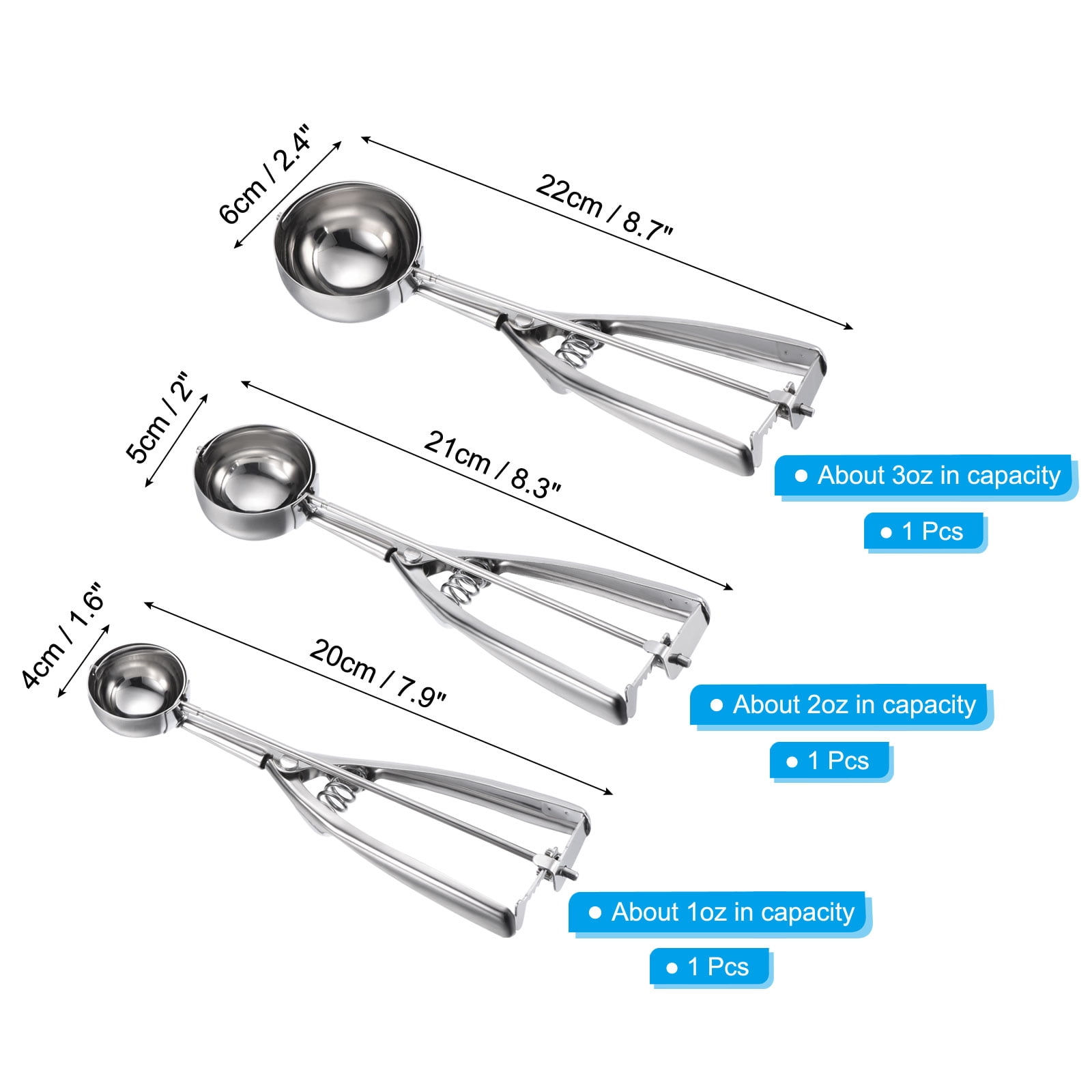 Uxcell Ice Cream Scoop Set, 3Pcs 1oz/2oz/3oz Stainless Steel