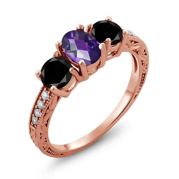 Gem Stone King 1.97 Ct Oval Checkerboard Purple Amethyst Black Diamond 18K Rose Gold Plated Silver Moissanite Ring (Size 6)