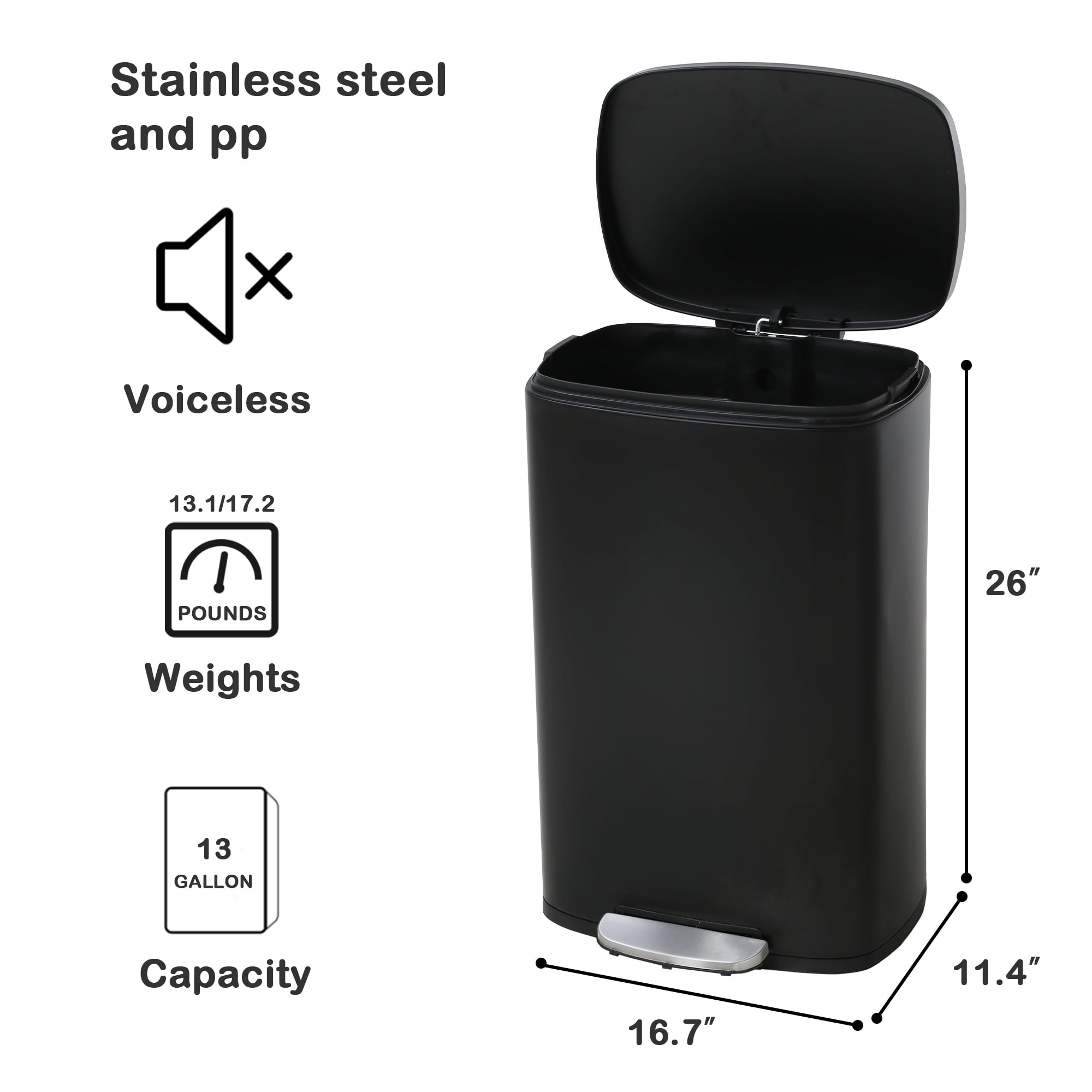 CL.HPAHKL 13 Gallon (50L)Trash Can ,Kitchen Trash Can, Stainless Steel with Lid, Foot Pedal and Inner Bucket, Fingerprint-Resistant Soft Close Lid Garbage Can, Pedal Rubbish Bin for Home Office
