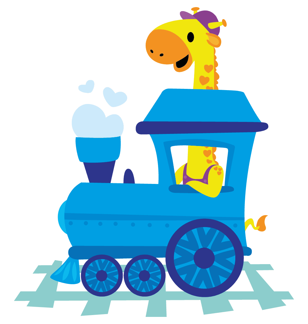 Cute Cartoon Art of Smiling Tall Giraffe Riding on a Blue Train for