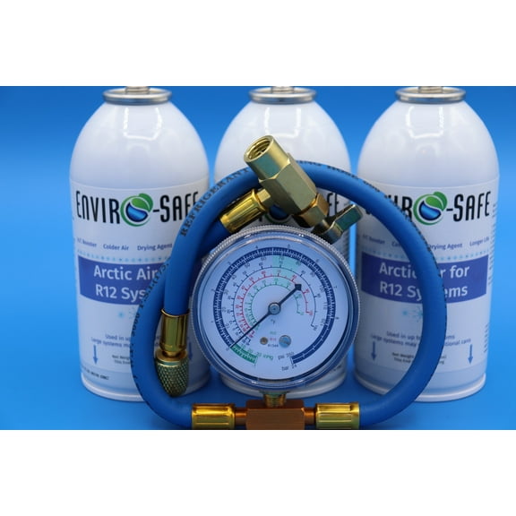Enviro-safe Arctic Air for R-12a Systems, 3 Cans & Charging Gauge, R-12a, R12a, Refrigerators, Automotive