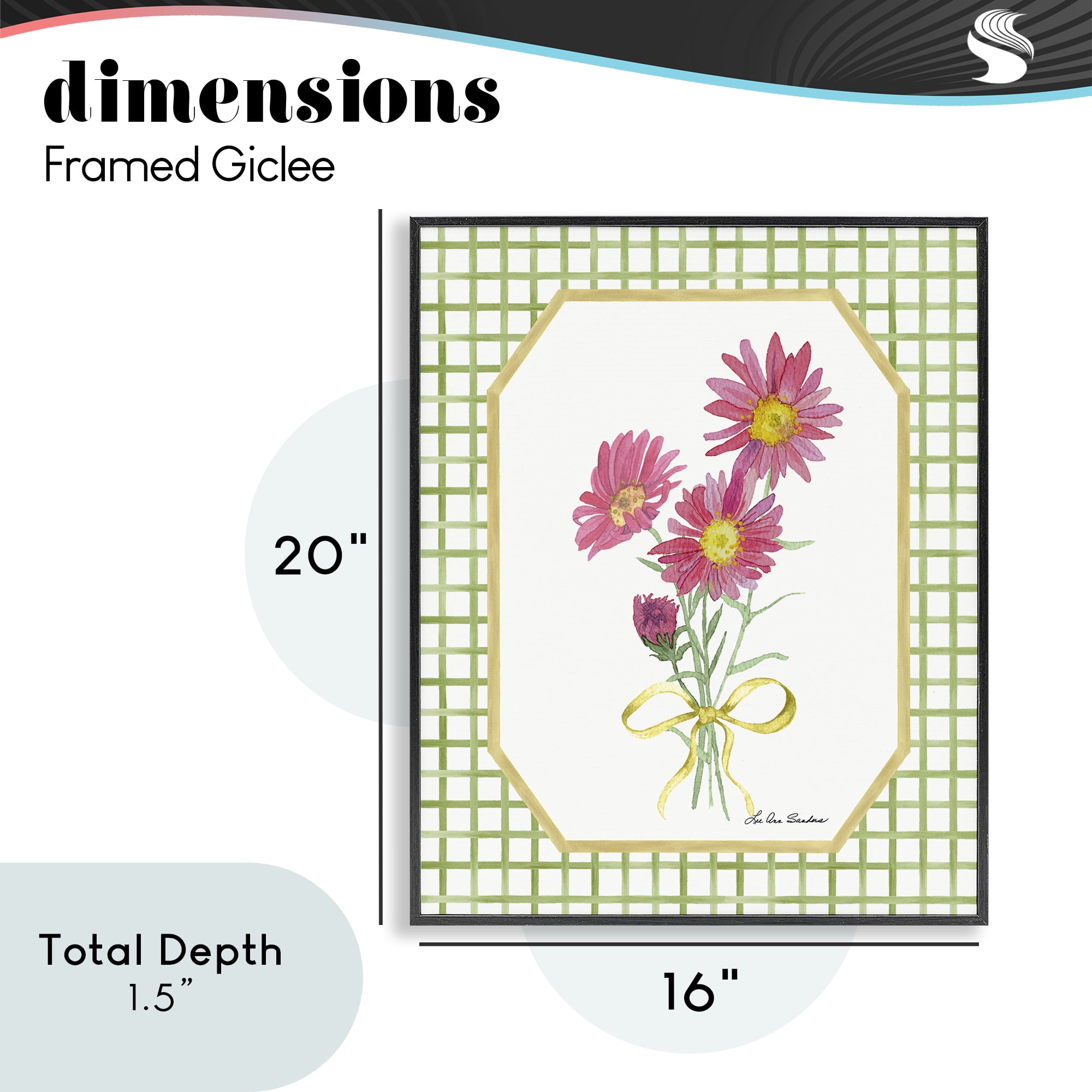 Botanical Story on Gingham Black Framed Giclee Art, design by Lee Ann Sanders
