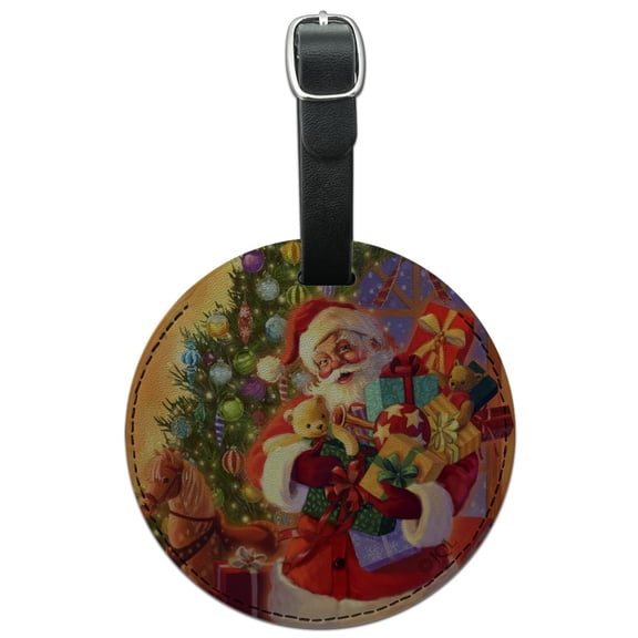 Christmas Holiday Santa Delivering Toys Round Leather Luggage Card Suitcase Carry-On ID Tag