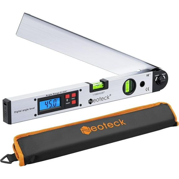 Esynic Aluminum Digital Angle Finder Protractor 225° 16 inch Backlit LCD Digital with Horizontal and Vertical Bubble - Silver