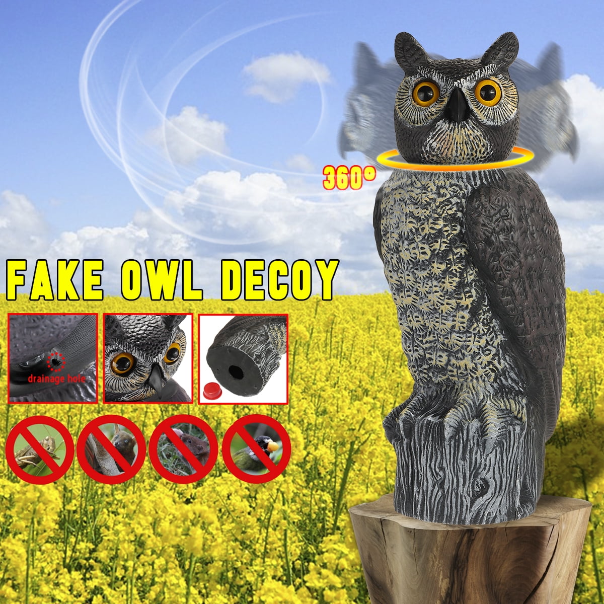 2 x Large Owl Decoy Rotate Head Weed Pest Repel Repellent Control Crow 