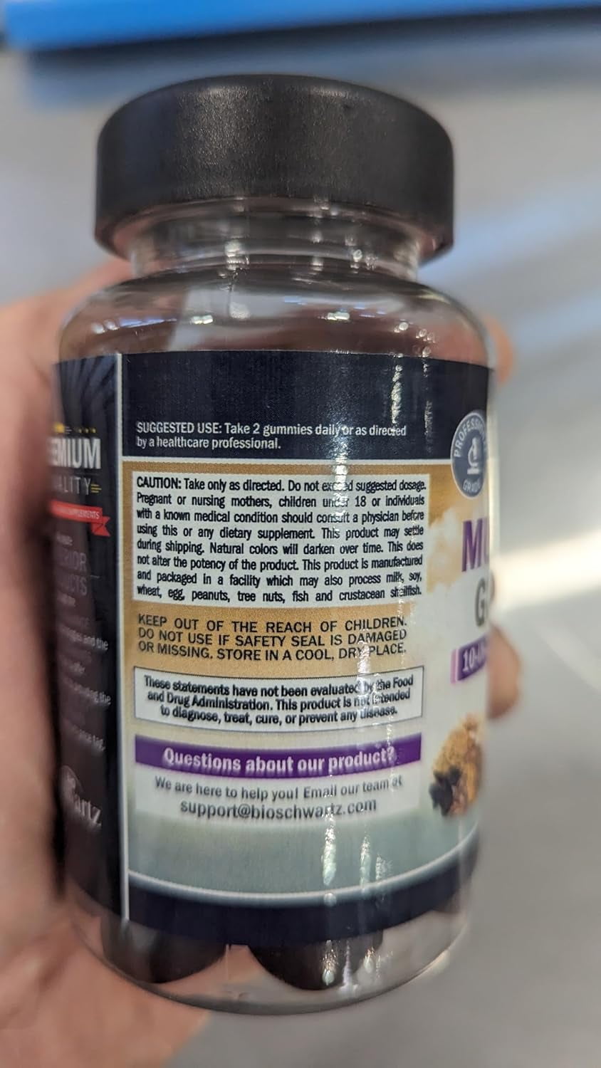 BioSchwartz 10-in-1 Mushroom Gummies, Herbal Supplement for Mood and Focus, Raspberry, 60 Count