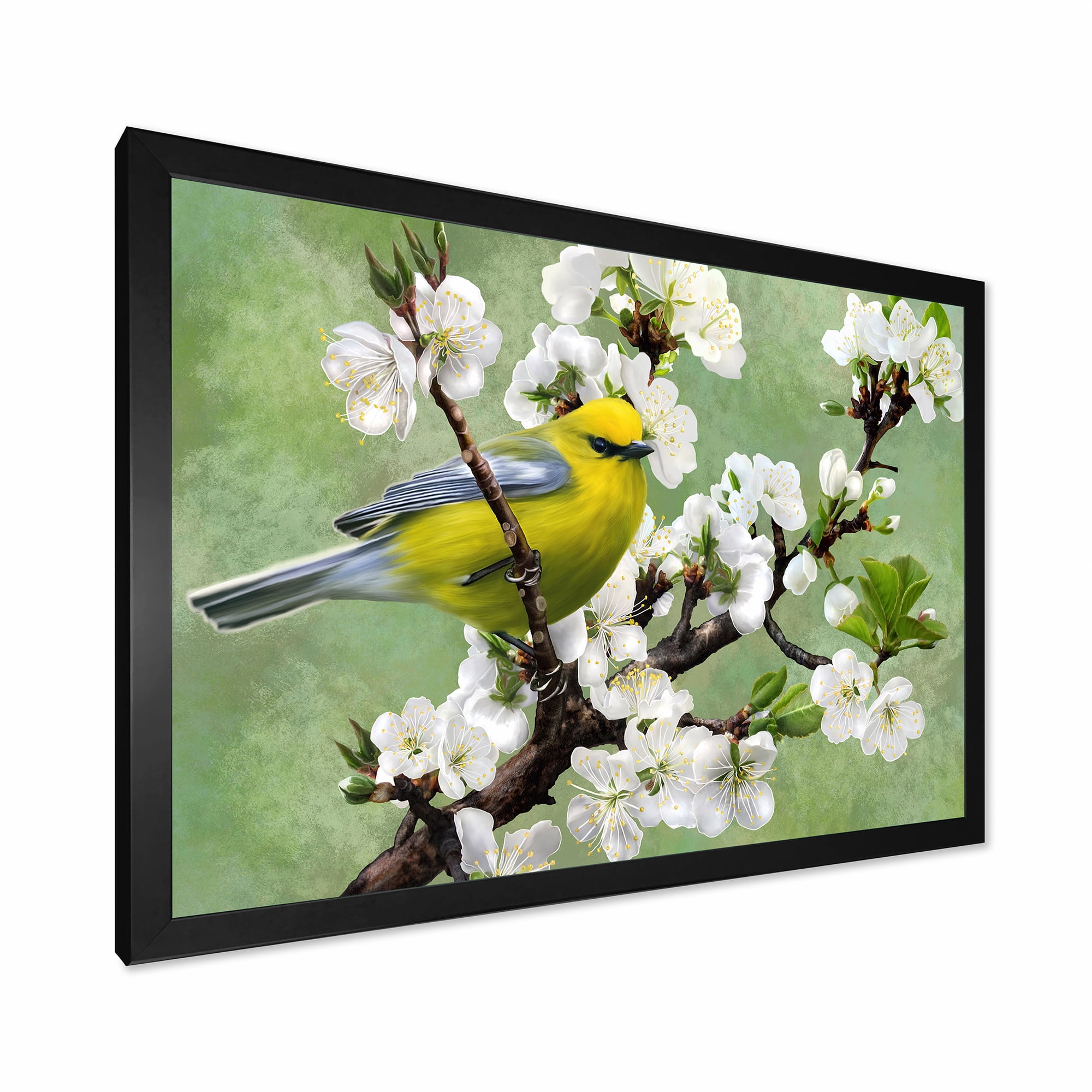 Designart 'Bird Sitting On A Branch of Cherry' Traditional Framed Art Print