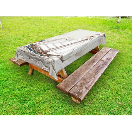 Antique Yacht Vintage Outdoor Tablecloth, Illustration of a Retro View of Antique American Yacht with Flags Ocean, Decorative Washable Fabric Picnic Table Cloth, 58 X 84 Inches,Pale Grey Tan White, by Ambesonne ()