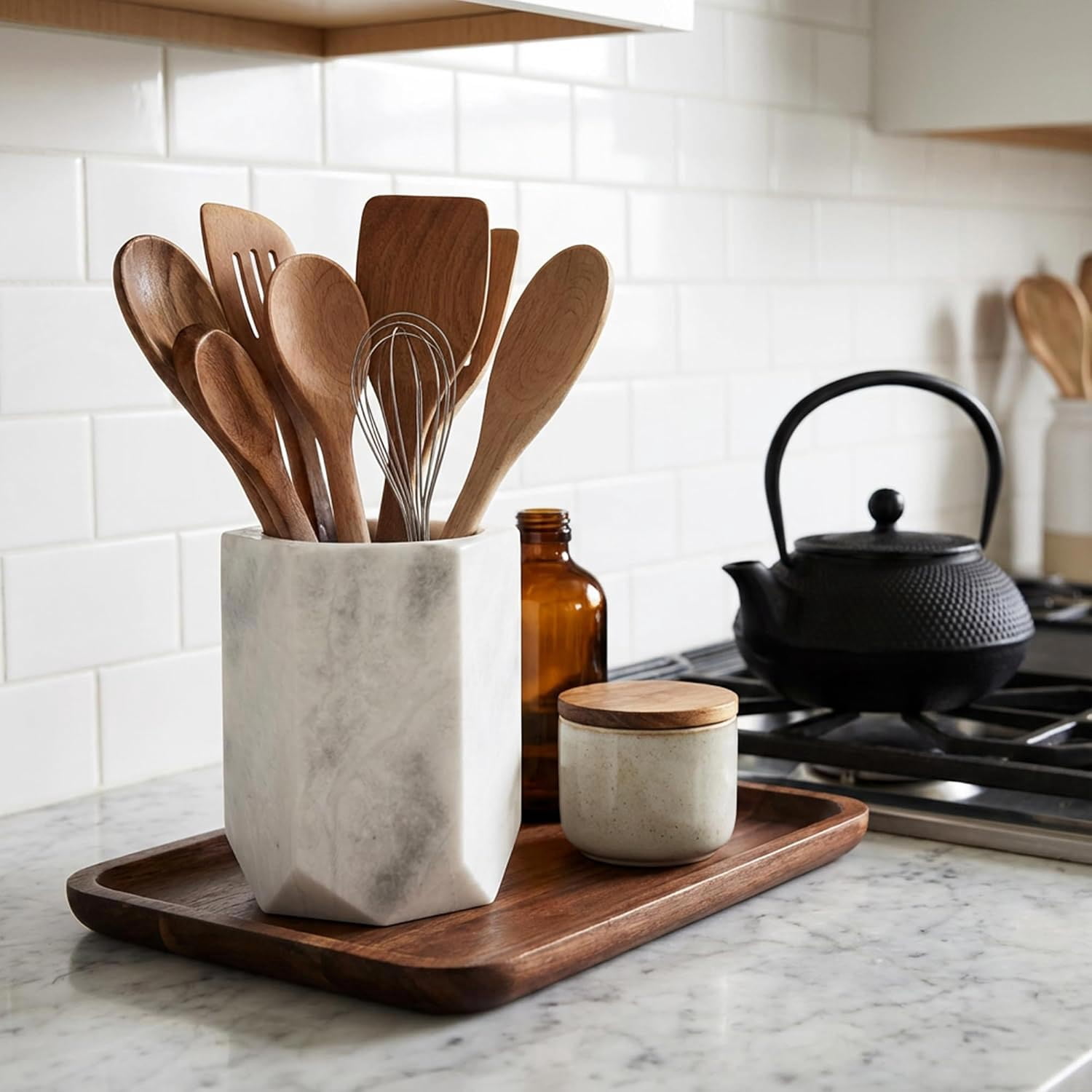 Elborse Marble Utensil Holder 6.5 inches White Spoon Holder for Kitchen Counter, Ideal Kitchen Utensils Set Organizer For Farmhouse Kitchens Decor, Cooking Utensil and Spatula Set