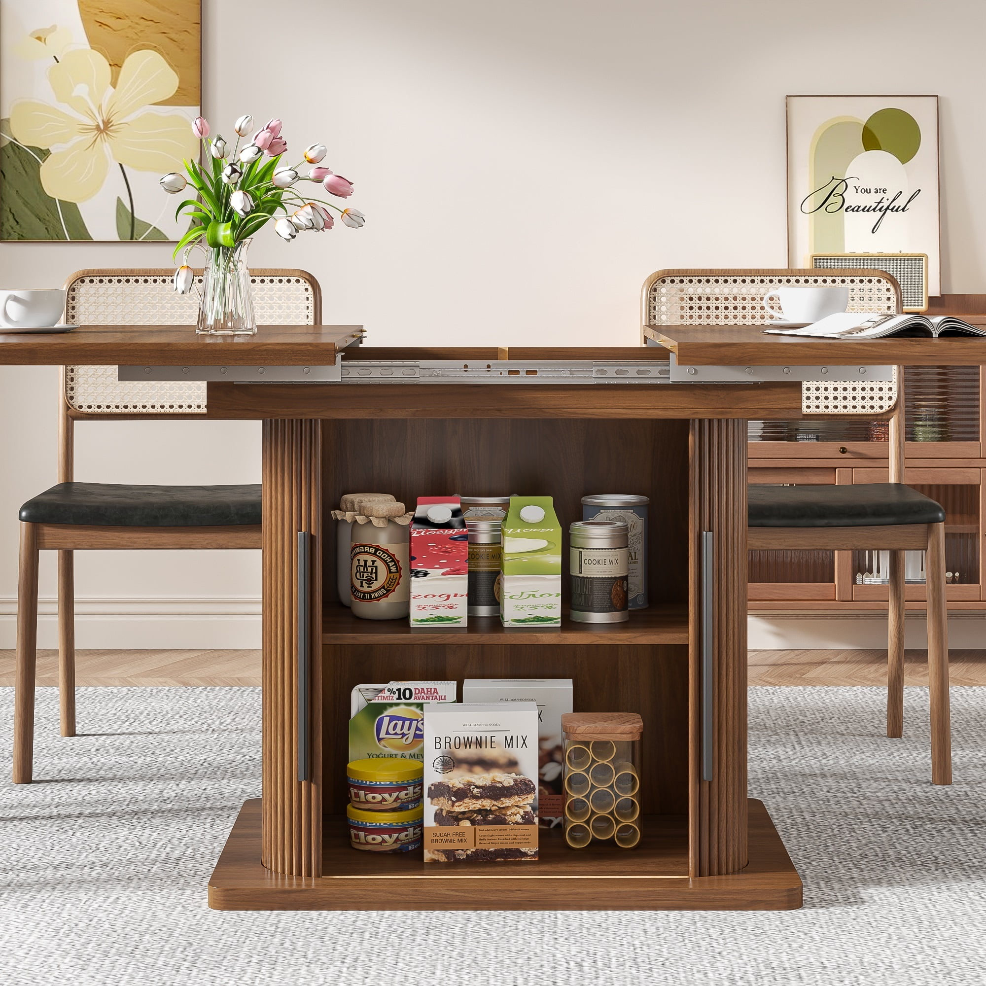 Extendable Dining Table, Rectangle Kitchen Table with Storage Shelf, Modern Dining Room Table, Living Room, Office, Walnut