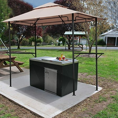 Steel Outdoor Backyard BBQ Grill Gazebo with 2-Tier Soft Top Canopy, Beige
