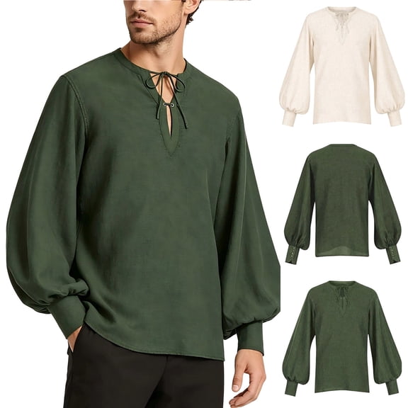 Mens Medieval Renaissance Pirate Shirt Lace Up V Neck Lantern Sleeve Tunic Gothic Peasant Costume Larp Halloween Party Top