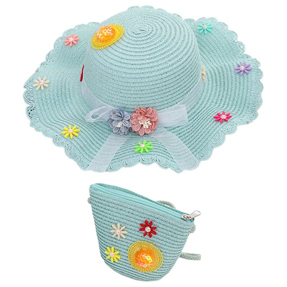 56-58cm hat circumference women's straw hat summer ribbon flower sun hat sunscreen hat and straw bag set - Mint green