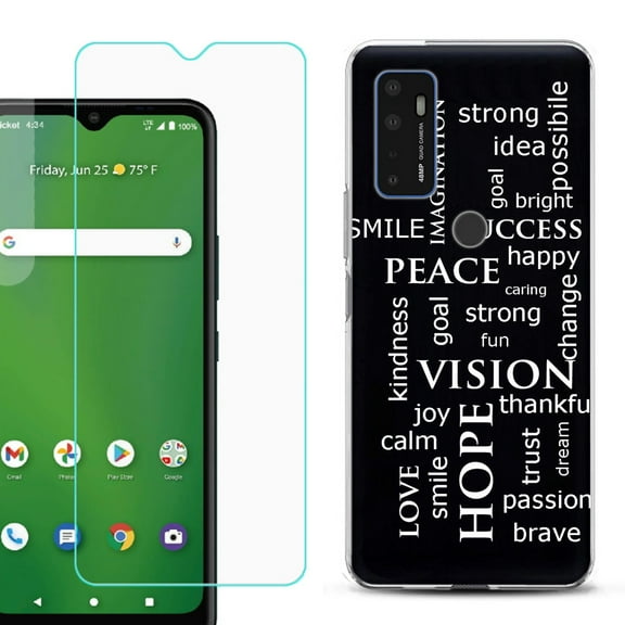 Slim-Fit Gel TPU Phone Case for Cricket Dream 5G, with Tempered Glass Screen Protector, by OneToughShield ® - Positive Words