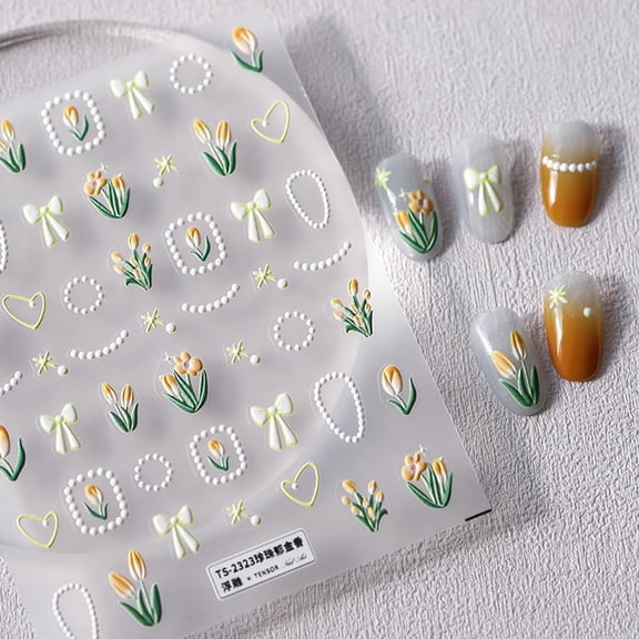 Flower Nail Stickers 5D Embossed Nail Art Stickers Decals Self-Adhesive Tulips Floral Bows Spring Summer Nail Art Design Decoration Accessories