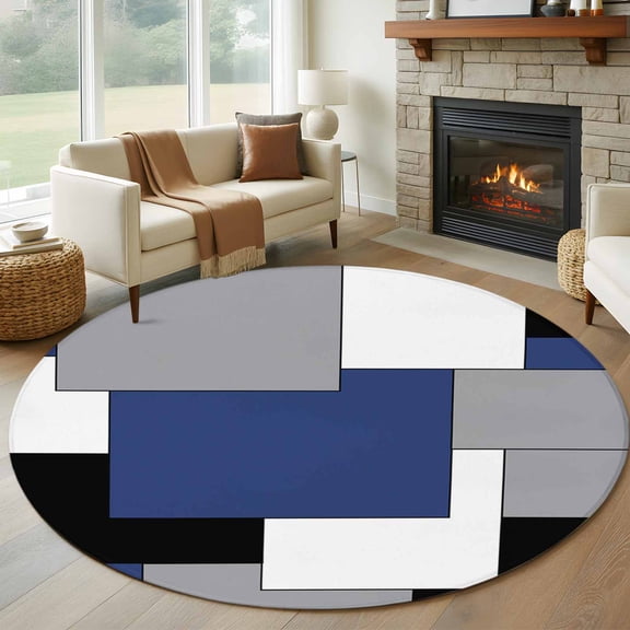 8ft Round Rug, Navy Blue Grey Black Geometric Non-Skid Rubber Backing Large Area Rugs - Living Room Bedroom Home Office, Middle Century Art Abstract Aesthetics Indoor Floor Mat Carpets Washable Rug