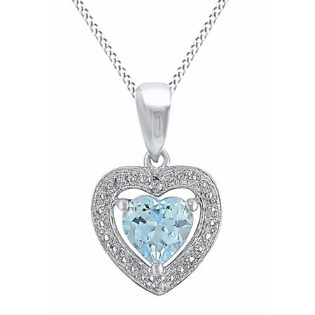 - Heart Shaped Simulated Blue Topaz and Diamond Pendant Necklace Necklace in 14k White Gold Over Sterling Silver (0.1 Cttw)