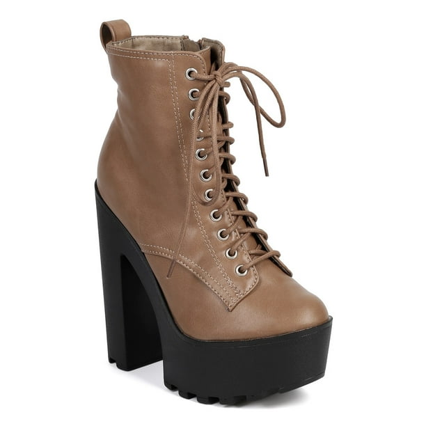 Breckelles - New Women Breckelles Jamie-11 Leatherette Lace Up Lug Sole Platform Combat Boot