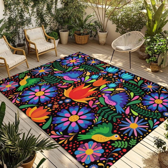 Mexican Flower Outdoor Rug 3x5 Ft - Reversible Patio Rug Outdoor Camping Rugs, Abstract Colorful Floral Leaf Plant Washable Indoor Outdoor Area Rugs, Non-Slip Outdoor Carpet Runner for Deck/Porch