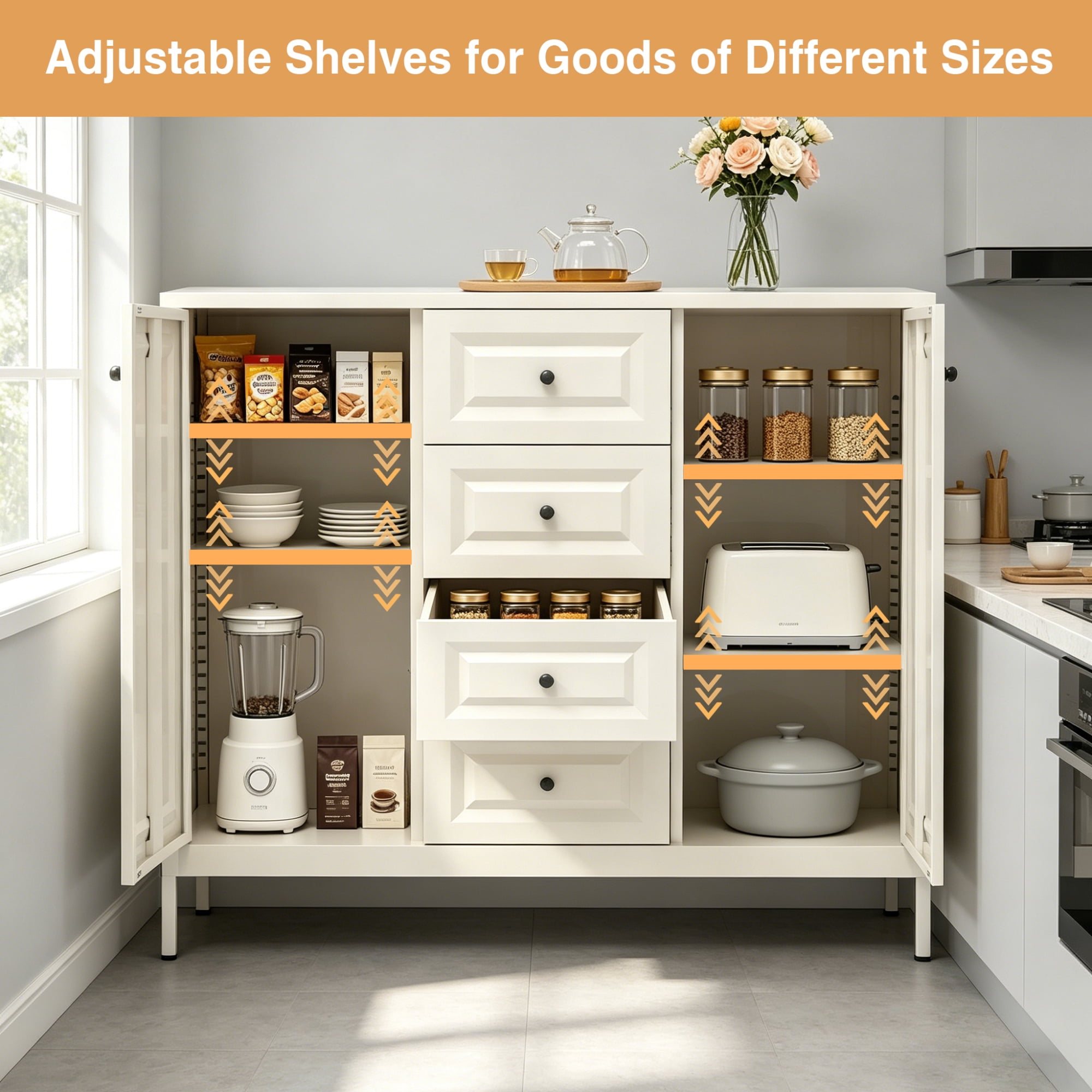 Leumius Modern Buffet Cabinet with Storage,40" Tall Metal Accent Cabinet with 4 Drawers & 2 Doors,Kitchen Sideboard Buffet Storage Cabinet with Adjustable Shelves for Dining Room,Kitchen
