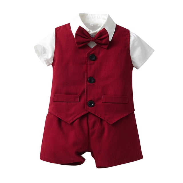 Sunnyoo Infant Boys Outfits Solid Short Sleeve Button Bowtie Shirt Vest Shorts 3Pcs Suit Set