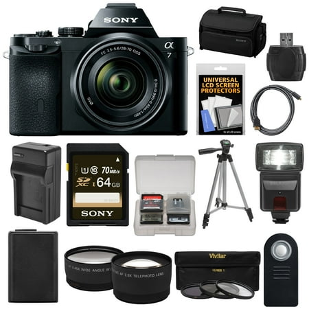 Sony Alpha A7 Digital Camera & 28-70mm FE OSS Lens with 64GB Card + Battery & Charger + Case + Tripod + Flash + Tele/Wide Lens Kit
