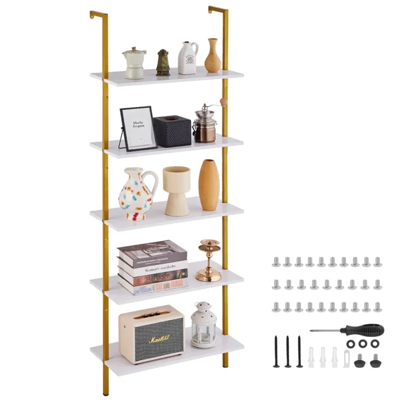 5-Tier Open Wall-Mounted Ladder Shelf,24x11.8in Metal Frame Storage Rack for Kitchen,Bedroom,Bathroom and Living Room in Gold and White
