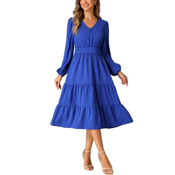 INSPIRE CHIC V Neck Dress for Women's Lantern Sleeve Ruffle A-Line Elegant Casual Midi Dresses XS Royal Blue