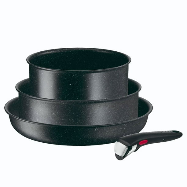 Juego de Sartenes T-fal Ingenio Black Stone L3999202 4 Piezas Apilables con Mango Removible Color Efecto Piedra Volcánica