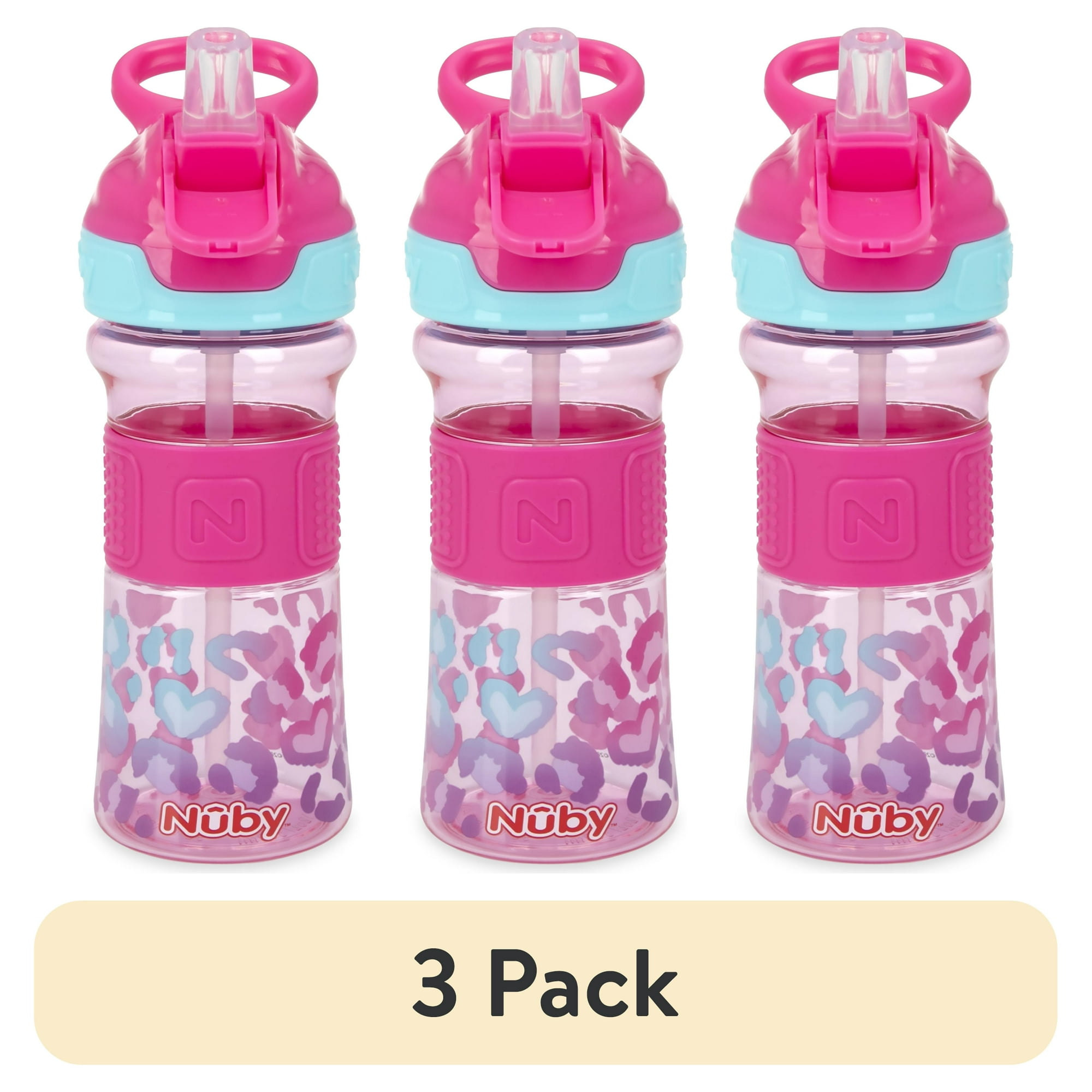 (3 pack) Nuby Thirsty Kids Flip-It Reflex Soft Spout Water Bottle, 18+ Months, Pink, 12 oz