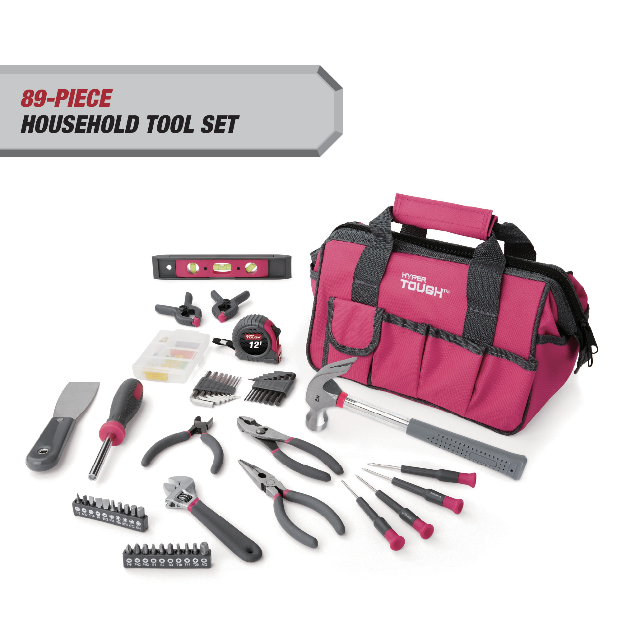 Juego de herramientas para hogar de 89 piezas Hyper Tough con bolsa de herramientas de 12 bolsillos, rosa 2