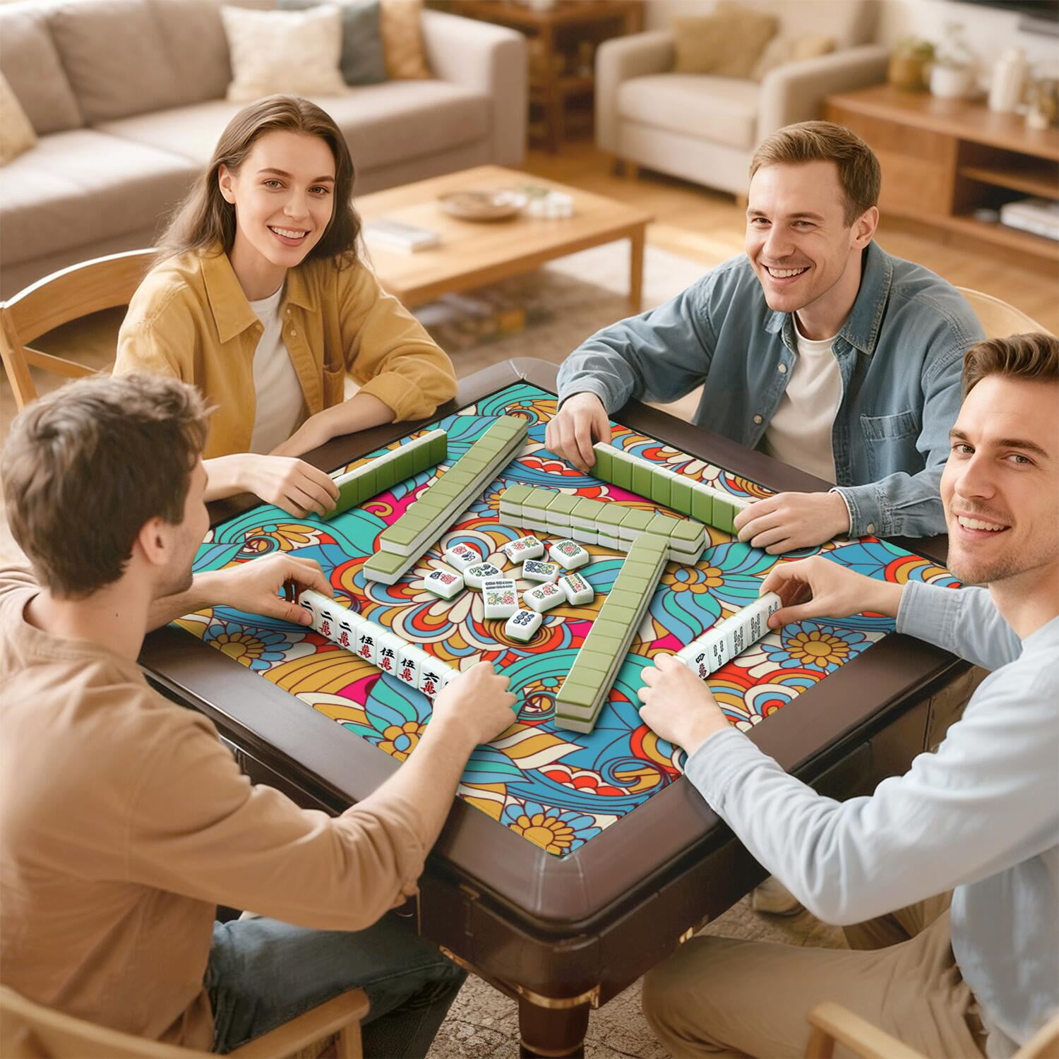 Boho Inspired Mahjong Mat 31.5x31.5 Inches Constructed from High Quality Rubber with Anti-Slip Properties and Noise Reduction Qualities for Card Games Tiles