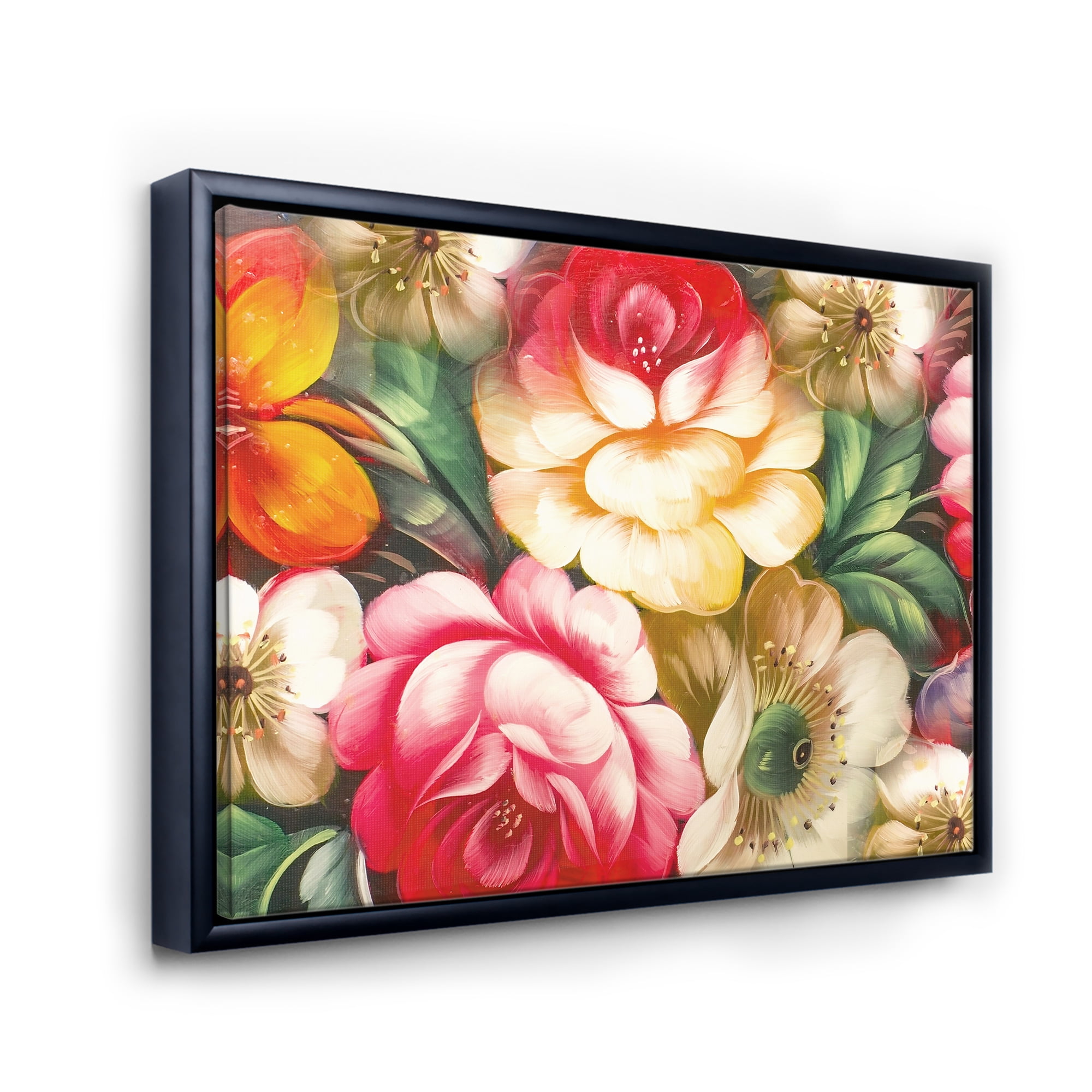 Designart 'Red and Yellow VIntage Flowers' Traditional Framed Canvas Wall Art Print