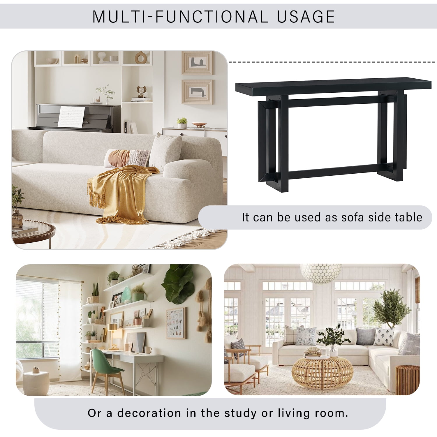 Noble House 59.1" Painted Entryway Table,Pine Veneer Triple Rectangle Design Console with Thick Pine Legs,Extra Long,Black