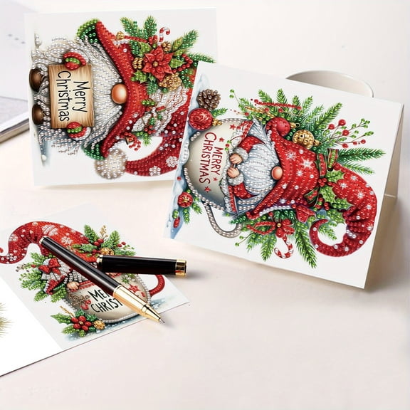 6 pcs Diamond Art Painting Kit Greeting Card, Christmas Gift Gnome Fine Glitter Greeting Card 5D DIY Special Shape Diamond Card Creative Gift, Holiday Gift Congratulation
