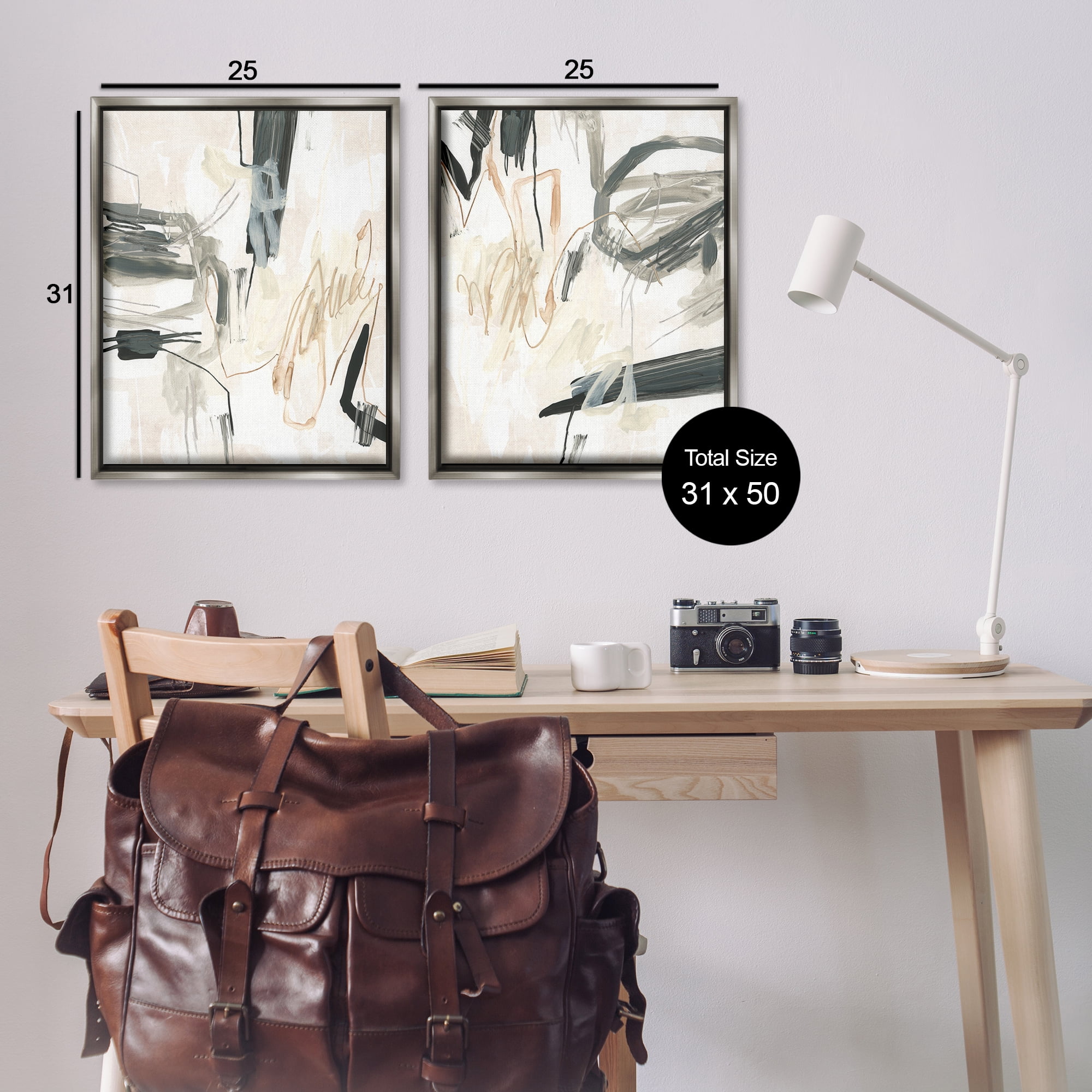 Stupell Industries Abstract Squiggly Beige Lines Abstract Painting Gray Floater Framed Canvas Art Print Wall Art, 31 x 25, Set of 2