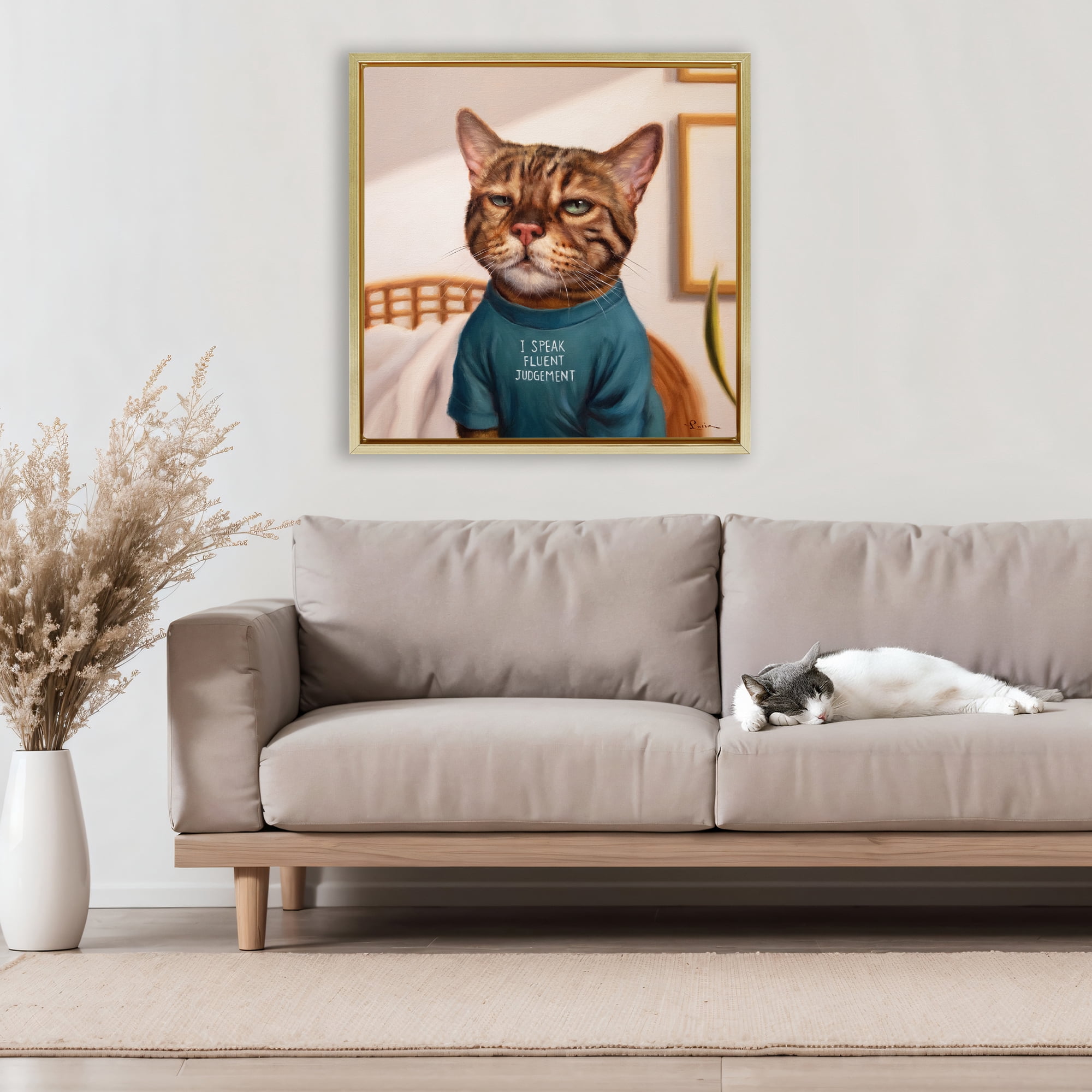 Stupell Industries Cattitude Speak Fluent Judgement Gold Framed Floater Canvas Wall Art, design by Lucia Heffernan