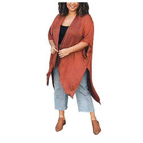 Womens Frayed Trim Arm Hole Kimono cardigan (Brick)