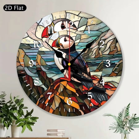 Puffin Bird Sea Bird Coastal Round Wall Clock, Nautical MDF Wood Beach Theme Ocean Home Decor