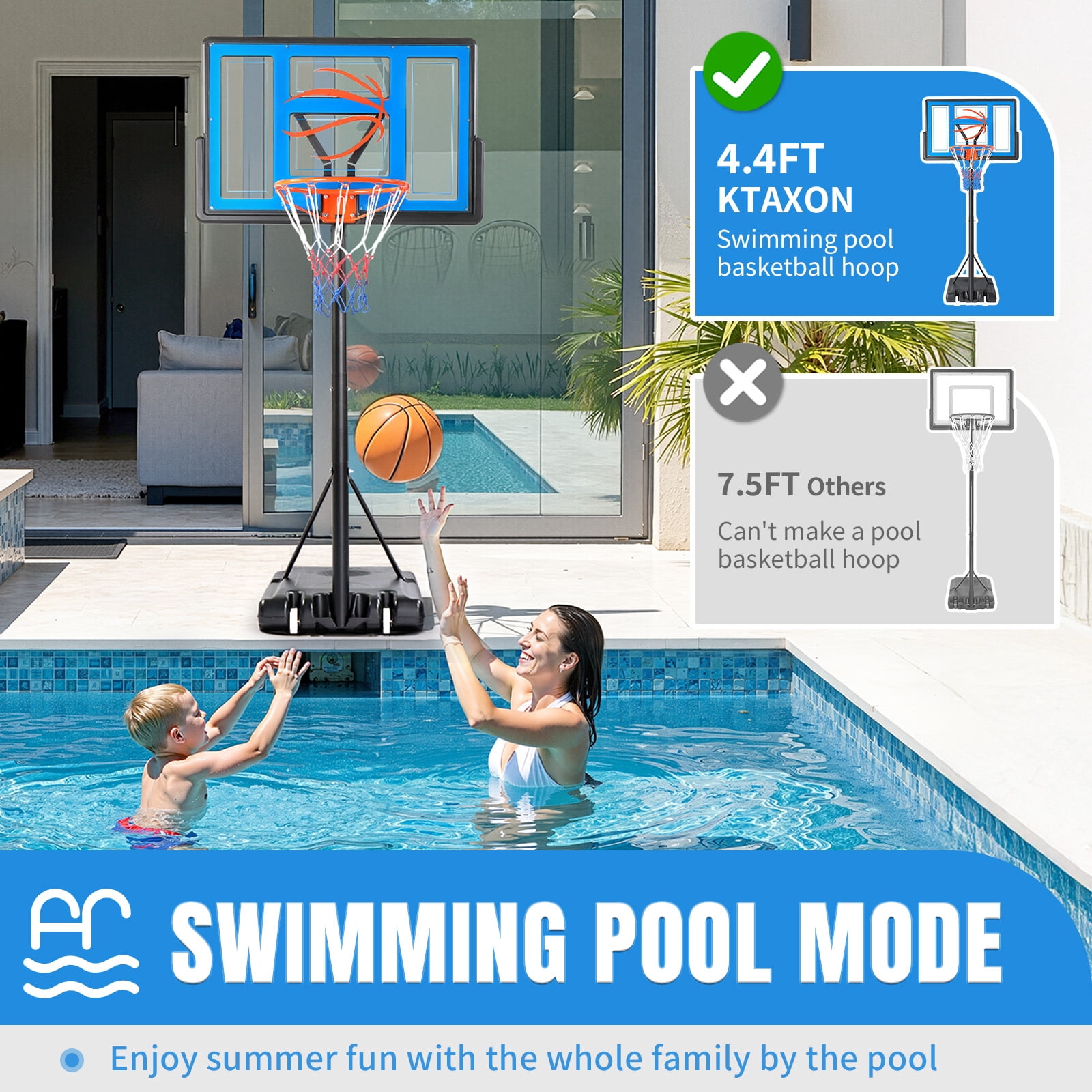 Ktaxon 44" Portable Basketball Hoop Outdoor, 4.4-10ft Height Adjustable, Shatterproof Backboard, Blue