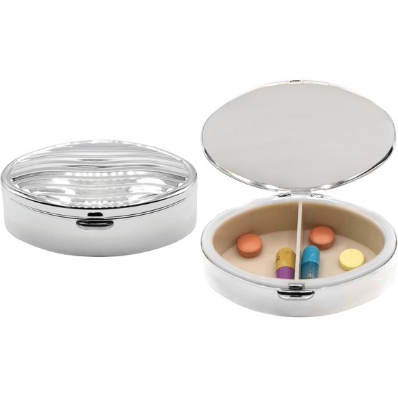 Set of 2 Oval-Shaped Pocket Purse Pill Box & Organizer With Dual Compartments (Silver Waves)