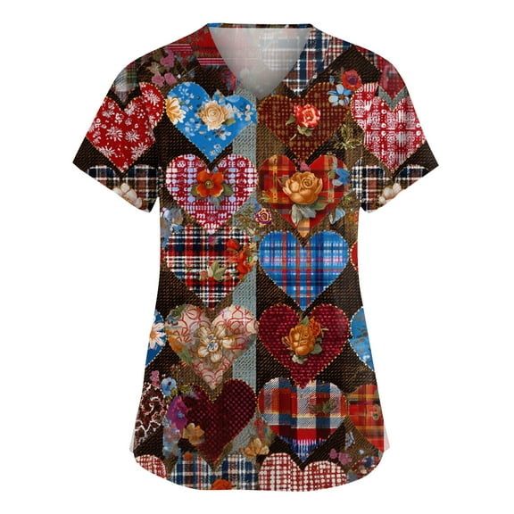 Valentine Day Scrubs for Women V Neck Nursing Love Heart Print Medical Scrubs Short Sleeve Cute Quick Dry Uniforms with Pockets Wine 5XL